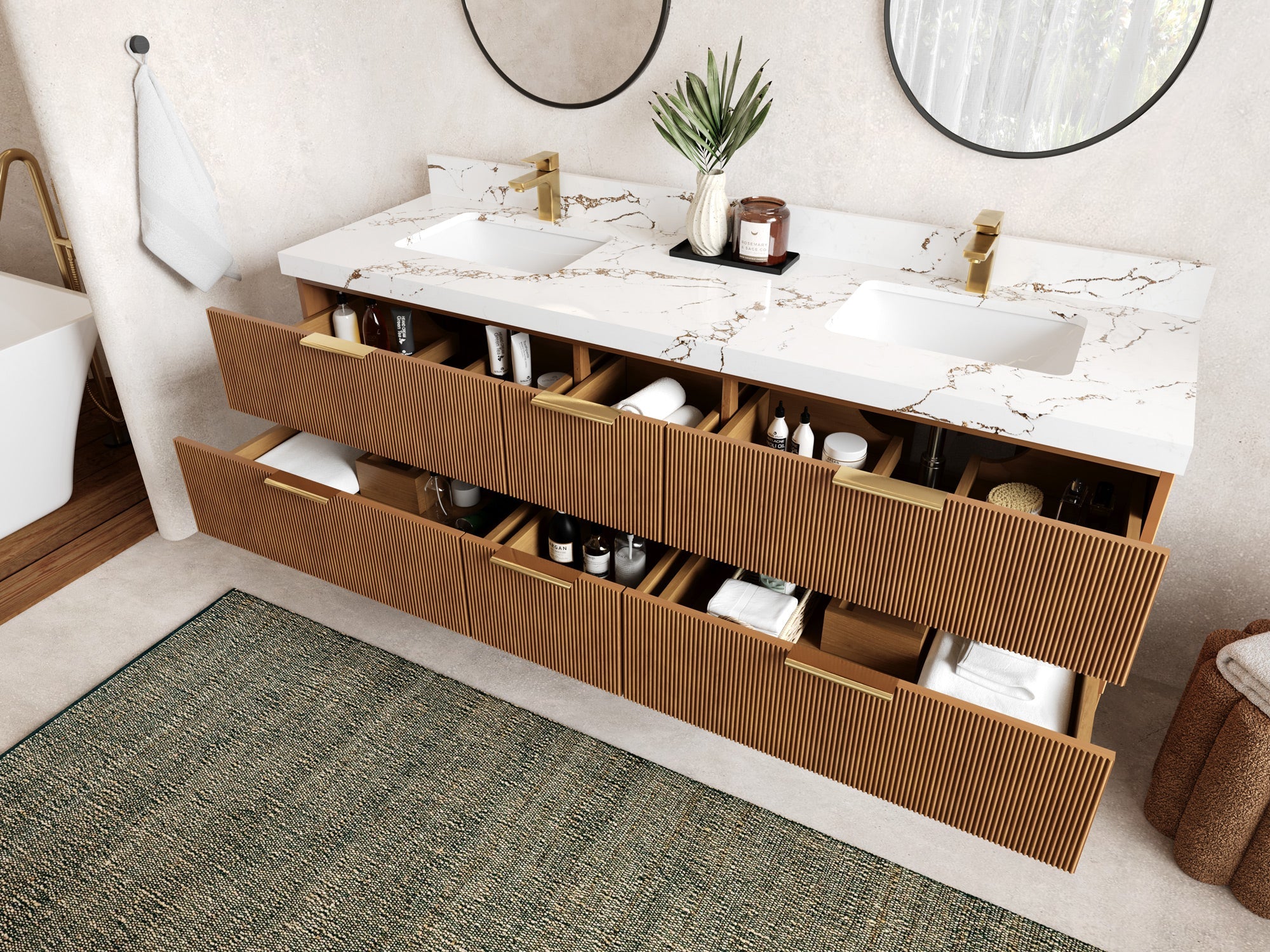 Catalina Teak 72 in W x 22 in D Free Standing Reeded Double Sink Bathroom Vanity - Willow Bath and Vanity