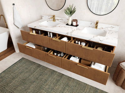 Catalina Teak 72 in W x 22 in D Free Standing Reeded Double Sink Bathroom Vanity - Willow Bath and Vanity