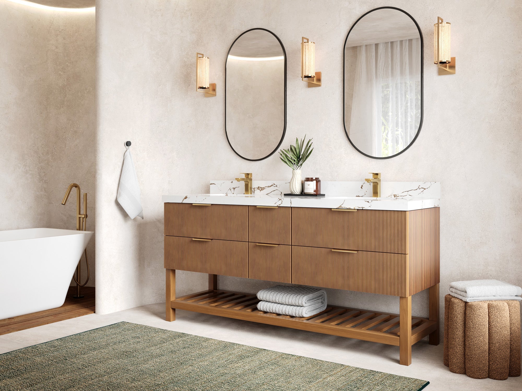 Catalina Teak 72 in W x 22 in D Free Standing Reeded Double Sink Bathroom Vanity - Willow Bath and Vanity