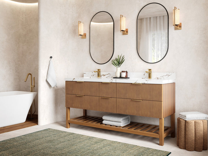 Catalina Teak 72 in W x 22 in D Free Standing Reeded Double Sink Bathroom Vanity - photo 2
