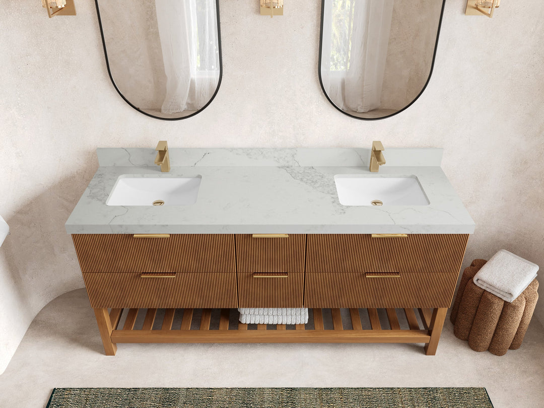 Catalina Teak 72 in W x 22 in D Free Standing Reeded Double Sink Bathroom Vanity - Willow Bath and Vanity