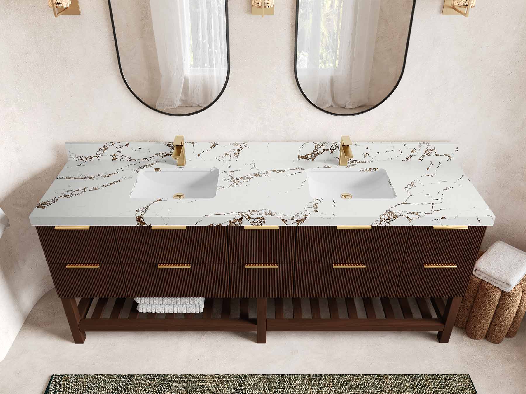 Catalina Teak 84 in W x 22 in D Free Standing Reeded Double Sink Bathroom Vanity - Willow Bath and Vanity