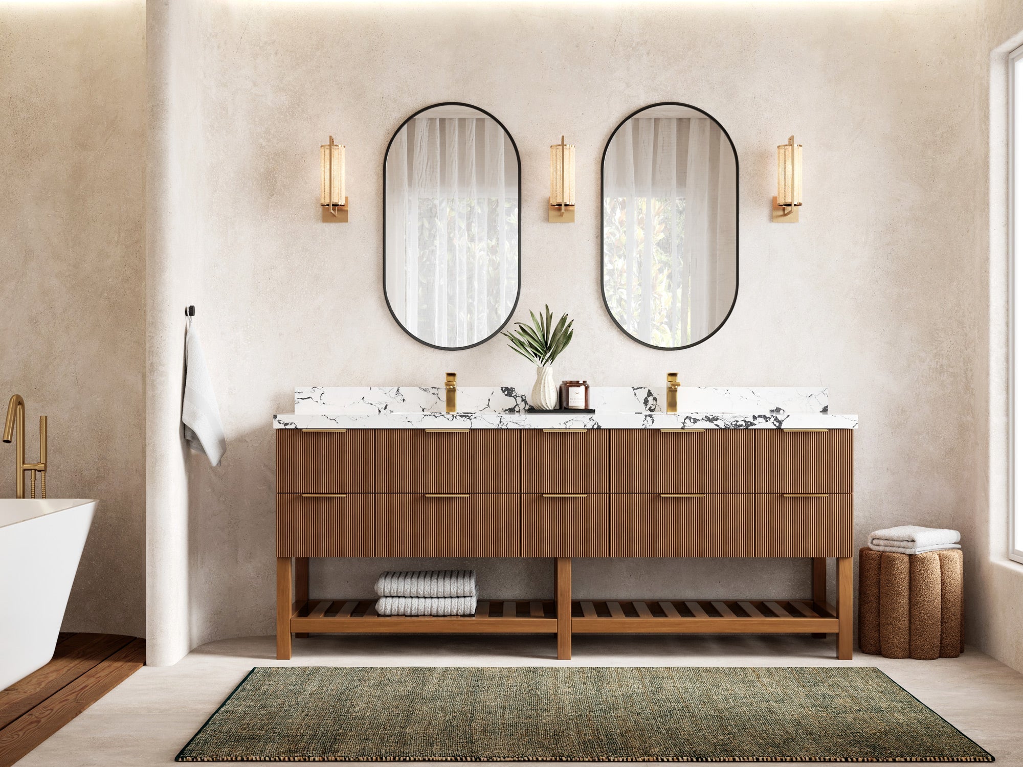 Catalina Teak 84 in W x 22 in D Free Standing Reeded Double Sink Bathroom Vanity - Willow Bath and Vanity