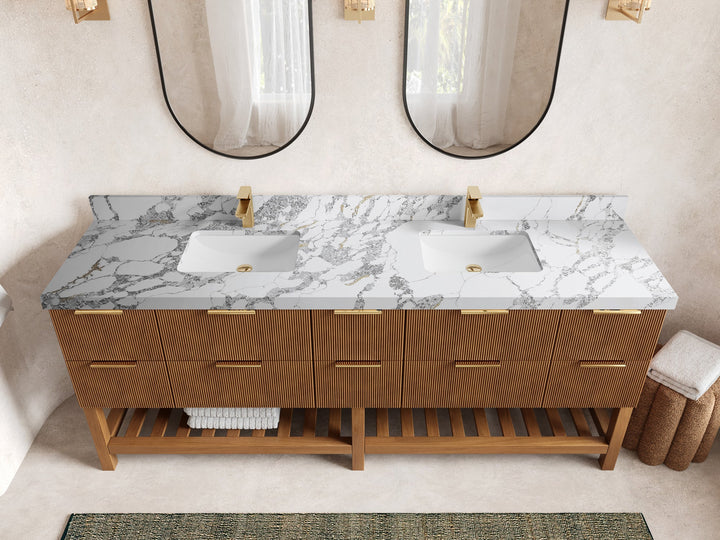 Catalina Teak 84 in W x 22 in D Free Standing Reeded Double Sink Bathroom Vanity - photo 11
