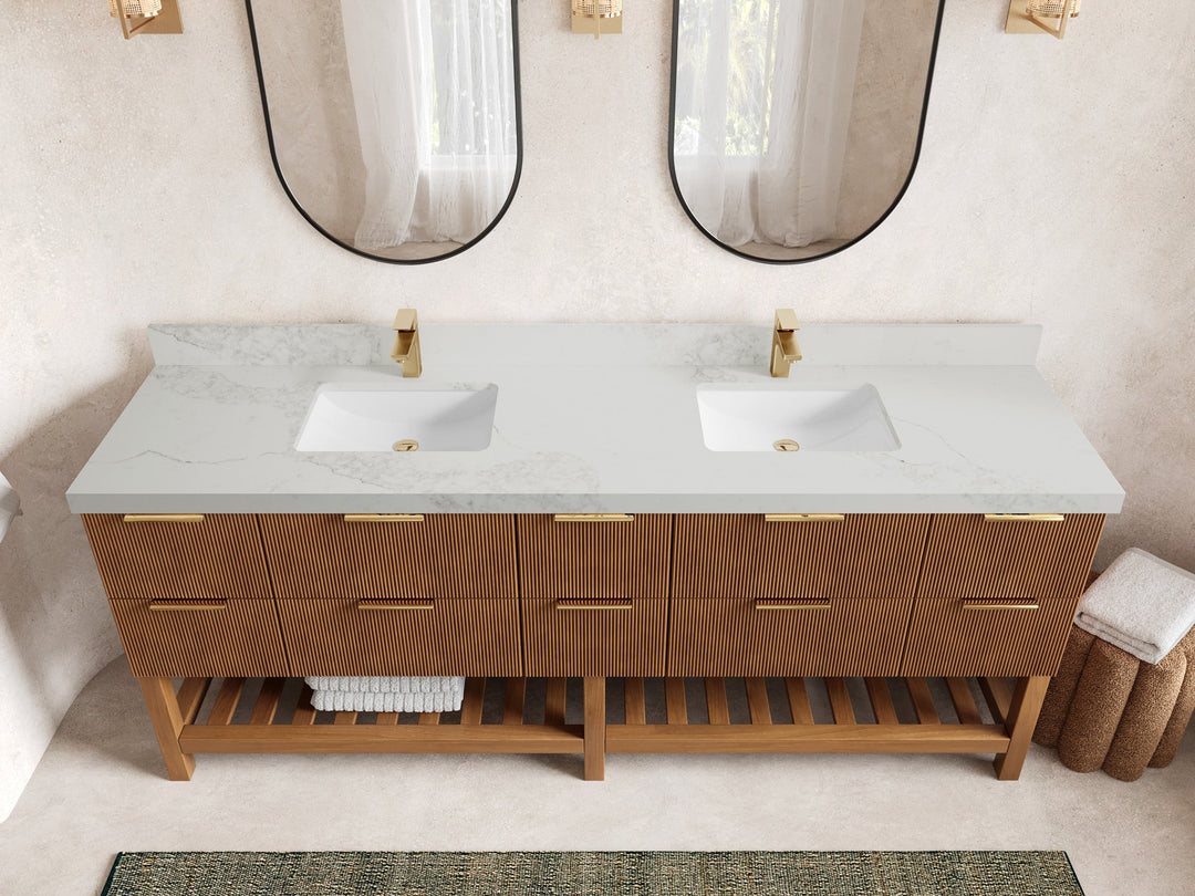 Catalina Teak 84 in W x 22 in D Free Standing Reeded Double Sink Bathroom Vanity - Willow Bath and Vanity
