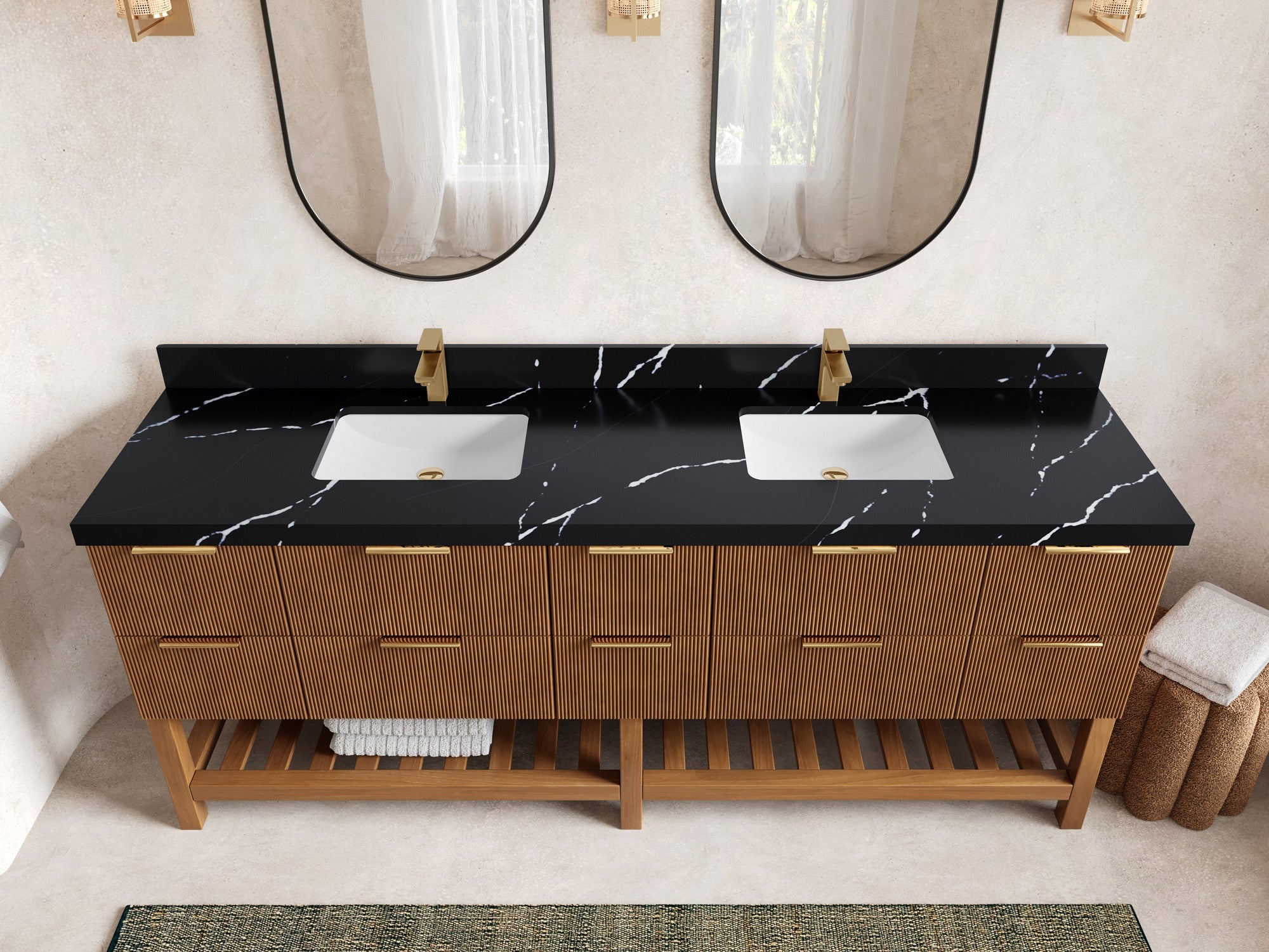 Catalina Teak 84 in W x 22 in D Free Standing Reeded Double Sink Bathroom Vanity - Willow Bath and Vanity