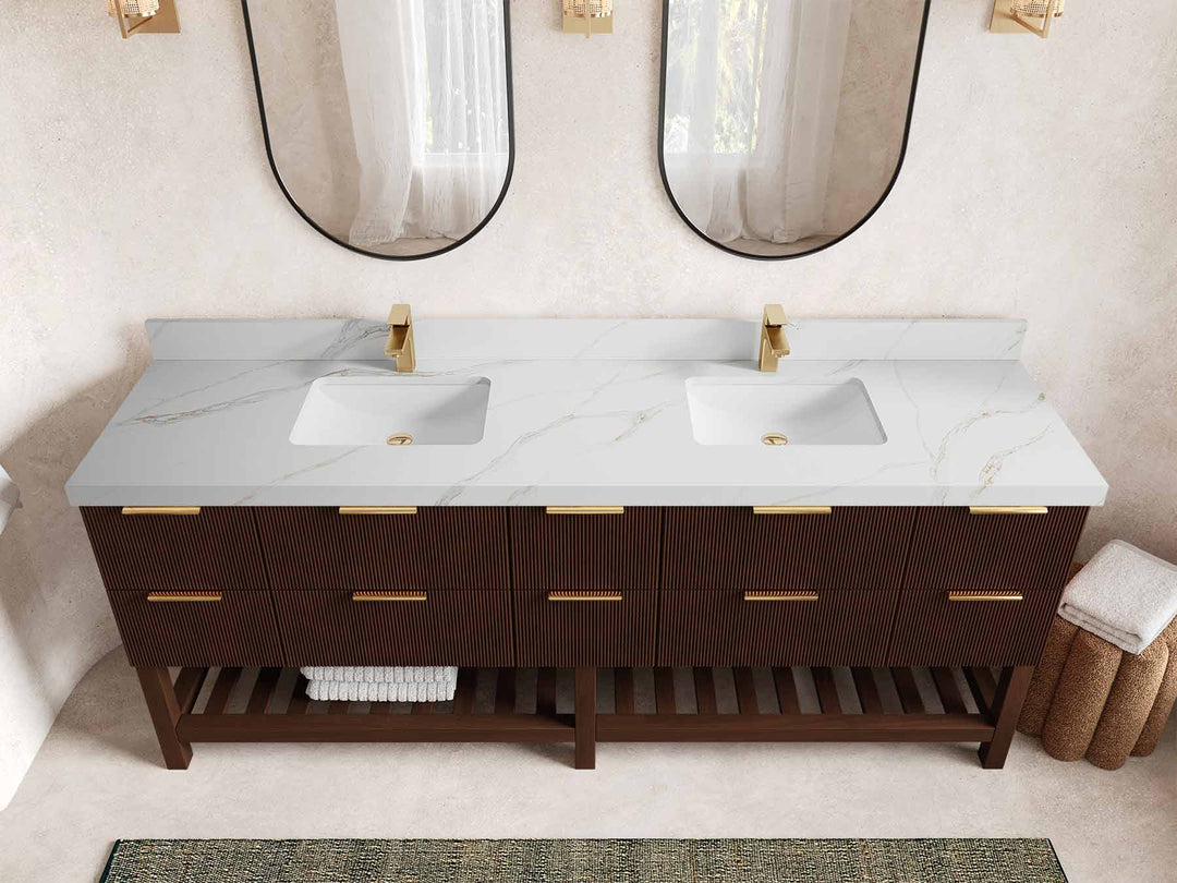 Catalina Teak 84 in W x 22 in D Free Standing Reeded Double Sink Bathroom Vanity - Willow Bath and Vanity