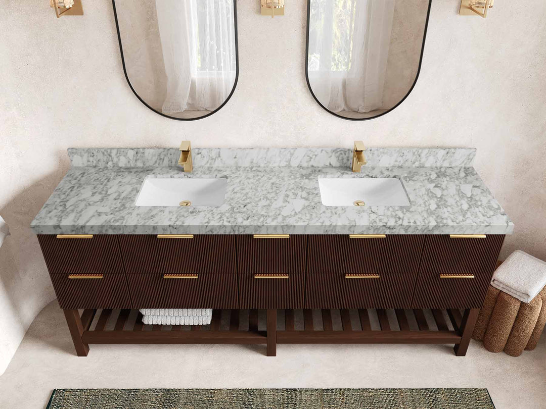 Catalina Teak 84 in W x 22 in D Free Standing Reeded Double Sink Bathroom Vanity - Willow Bath and Vanity