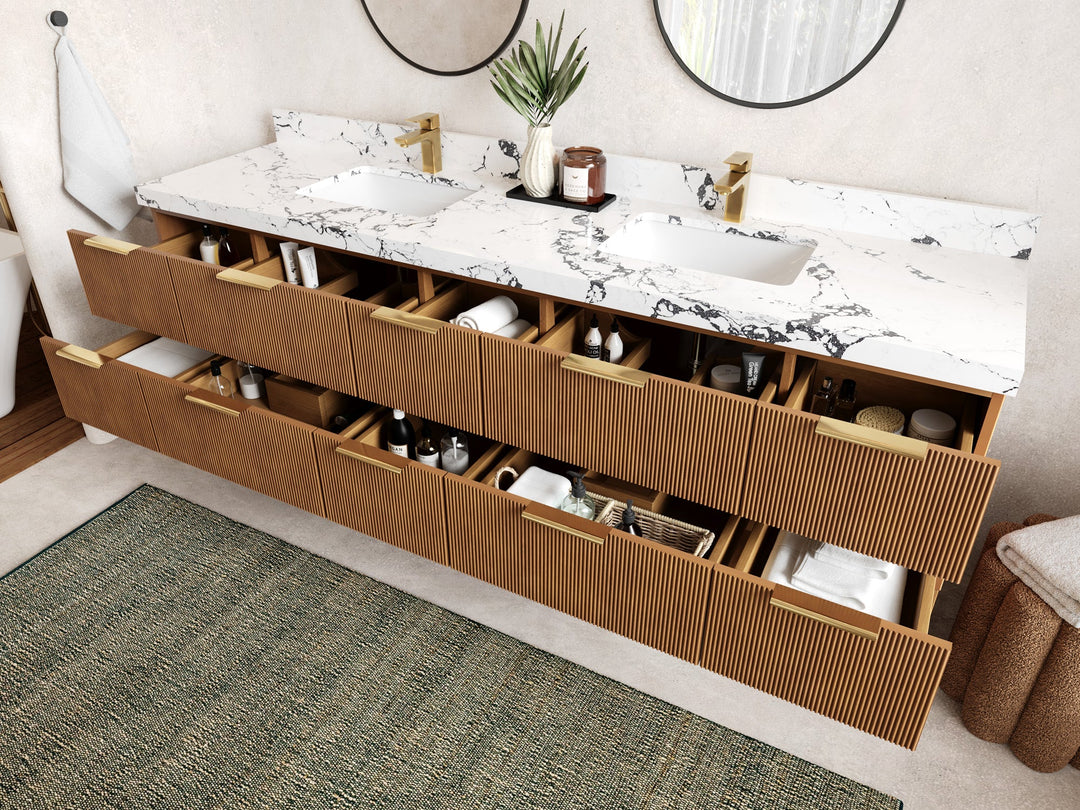 Catalina Teak 84 in W x 22 in D Free Standing Reeded Double Sink Bathroom Vanity - Willow Bath and Vanity