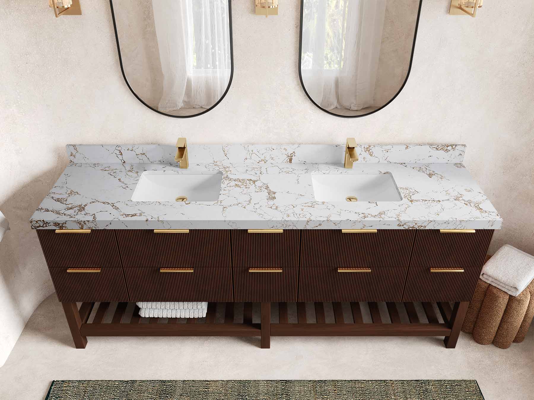 Catalina Teak 84 in W x 22 in D Free Standing Reeded Double Sink Bathroom Vanity - Willow Bath and Vanity