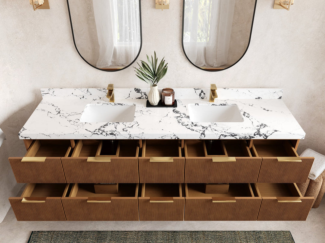 Catalina Teak 84 in W x 22 in D Free Standing Reeded Double Sink Bathroom Vanity - Willow Bath and Vanity