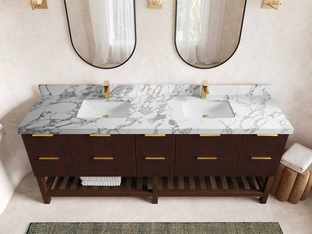Catalina Teak 84 in W x 22 in D Free Standing Reeded Double Sink Bathroom Vanity - Willow Bath and Vanity