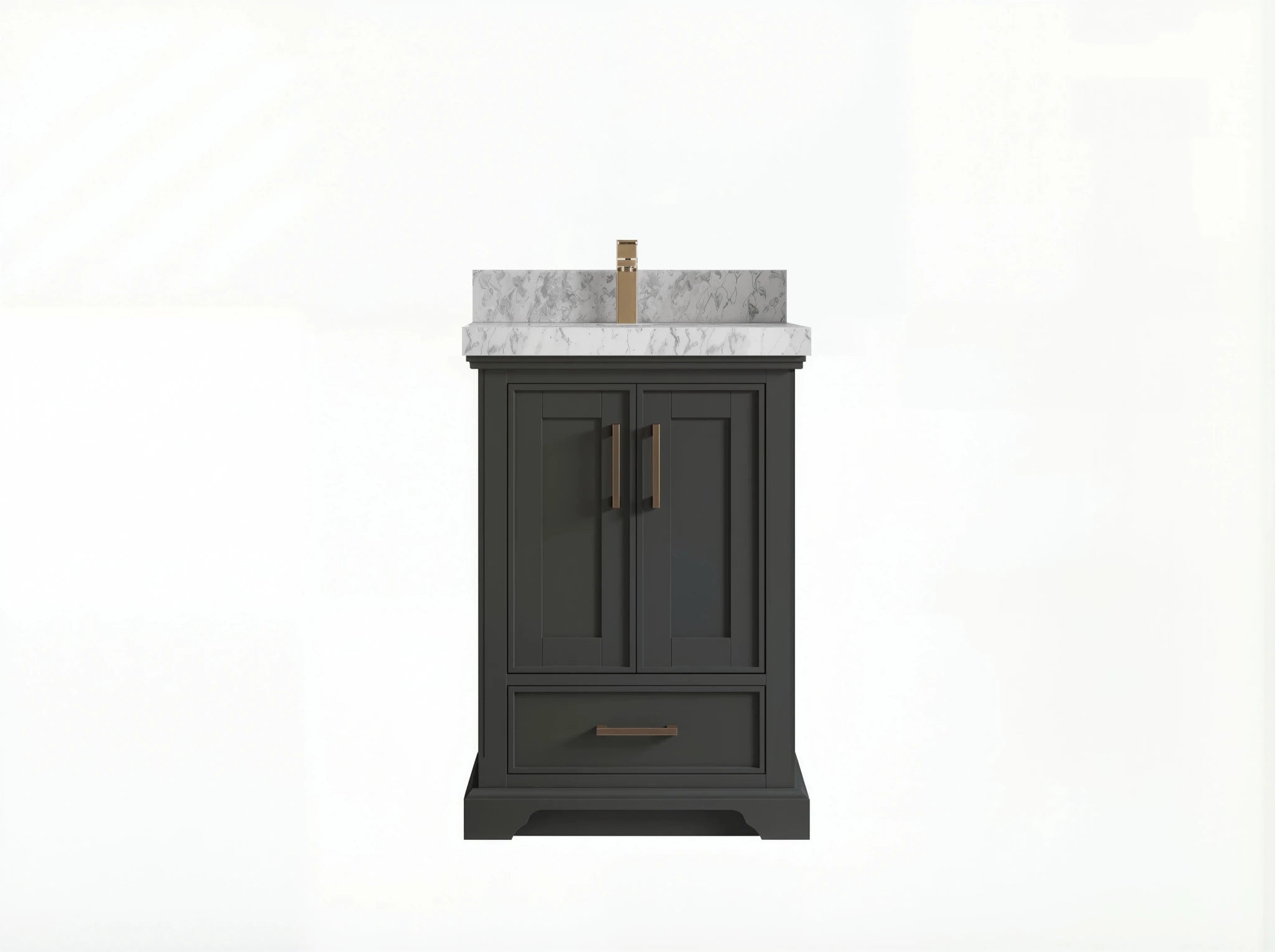 Charlotte 24-inch bathroom vanity in dark finish with white veined countertop, front product view