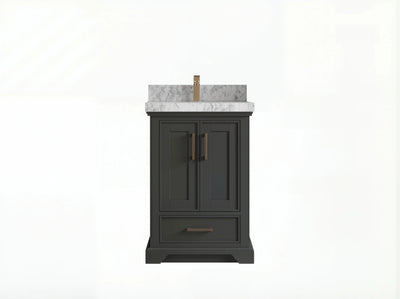 Charlotte 24-inch bathroom vanity in dark finish with white veined countertop, front product view