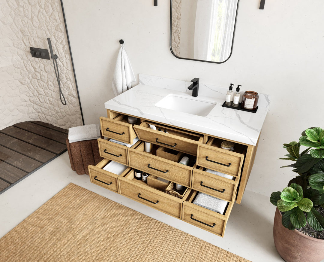 Charlotte 48 in. W x 22 in. D Floating Single Sink Bathroom Vanity in Natural Mindi Wood - Willow Bath and Vanity