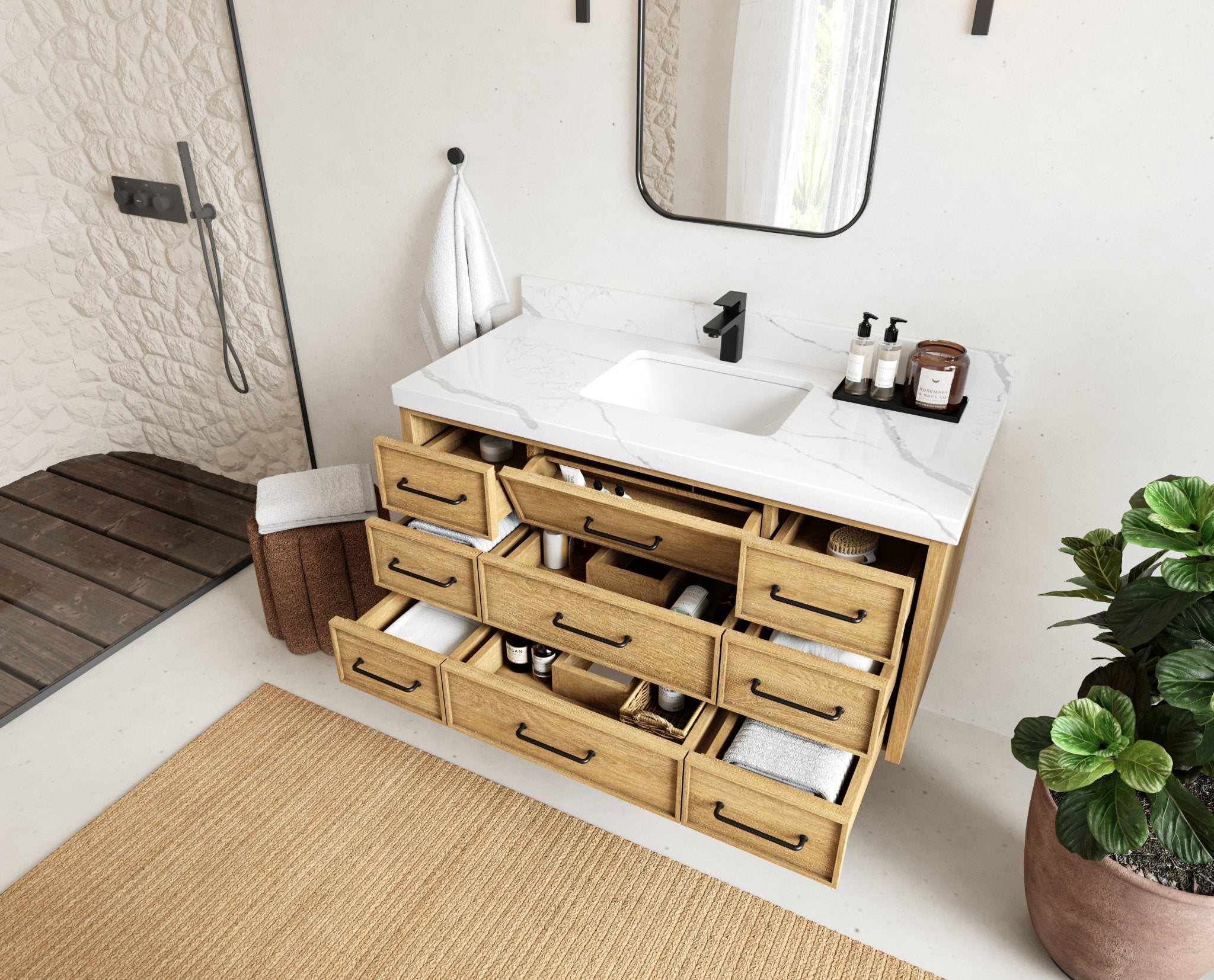 Charlotte 48 in. W x 22 in. D Floating Single Sink Bathroom Vanity in Natural Mindi Wood - Willow Bath and Vanity