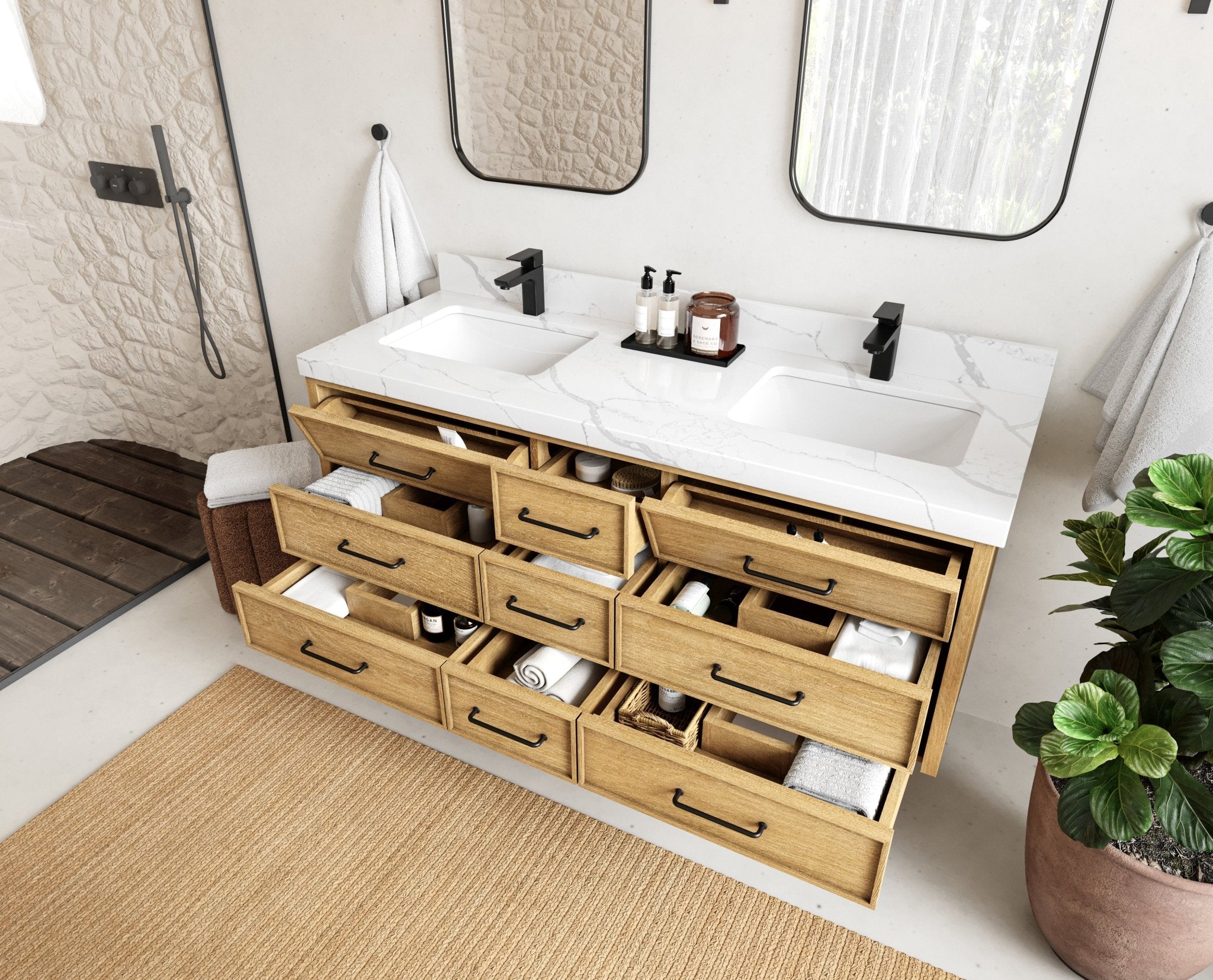 Charlotte 60 in. W x 22 in. D Floating Double Sink Bathroom Vanity in Natural Mindi Wood - Willow Bath and Vanity