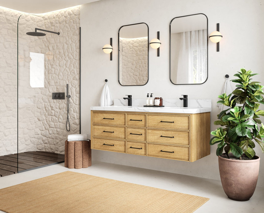 Charlotte 60 in. W x 22 in. D Floating Double Sink Bathroom Vanity in Natural Mindi Wood - Willow Bath and Vanity