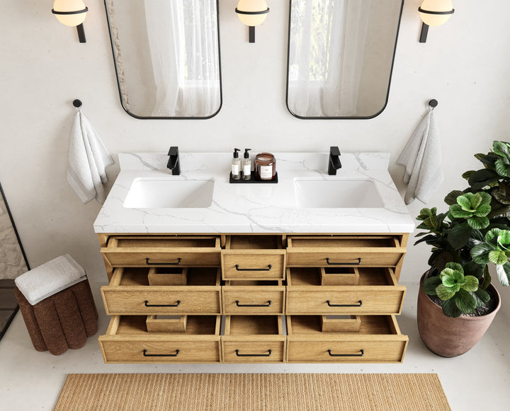 Charlotte 60 in. W x 22 in. D Floating Double Sink Bathroom Vanity in Natural Mindi Wood - photo 5