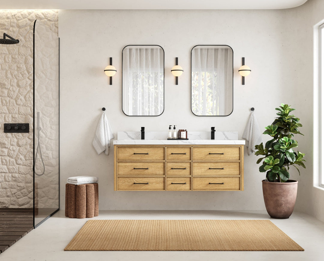 Charlotte 60 in. W x 22 in. D Floating Double Sink Bathroom Vanity in Natural Mindi Wood - Willow Bath and Vanity