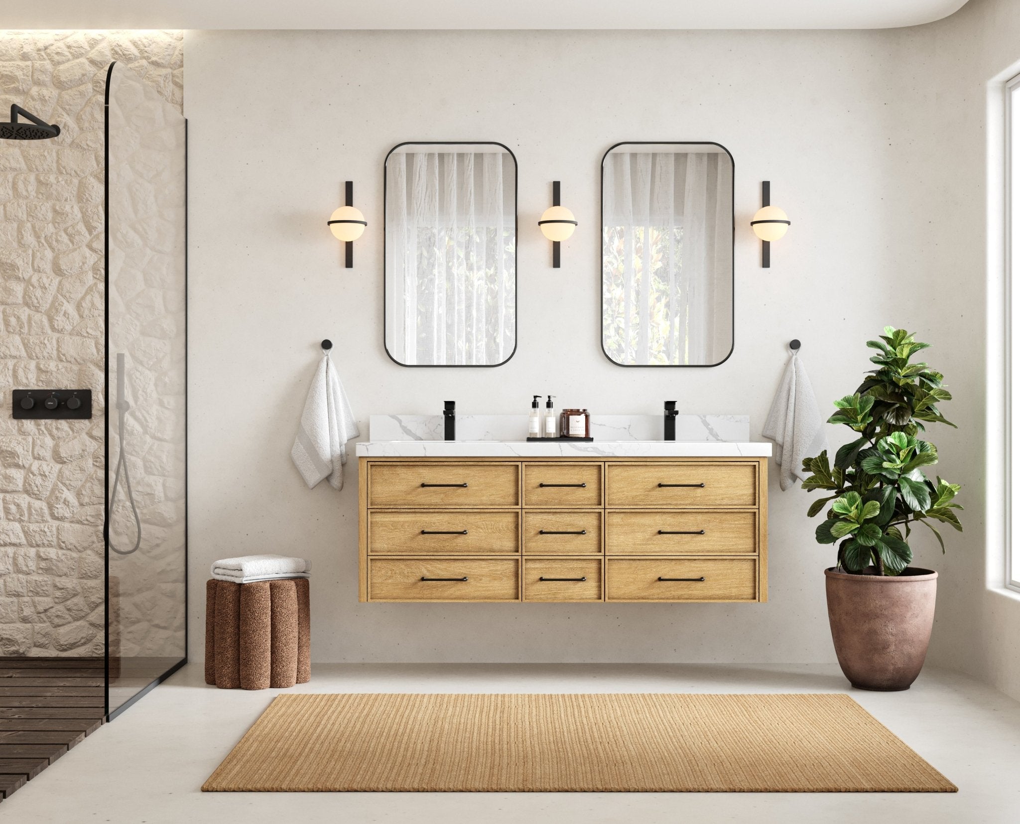 Charlotte 60 in. W x 22 in. D Floating Double Sink Bathroom Vanity in Natural Mindi Wood - Willow Bath and Vanity