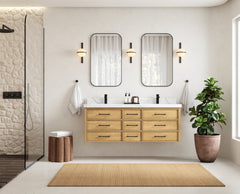 Charlotte 60 in. W x 22 in. D Floating Double Sink Bathroom Vanity in Natural Mindi Wood - photo 4