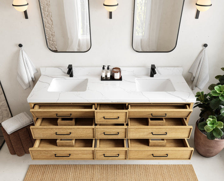 Charlotte 72 in. W x 22 in. D Floating Double Sink Bathroom Vanity in Natural Mindi Wood - photo 5