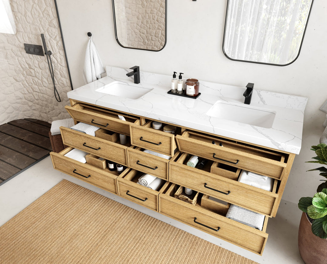 Charlotte 72 in. W x 22 in. D Floating Double Sink Bathroom Vanity in Natural Mindi Wood - Willow Bath and Vanity