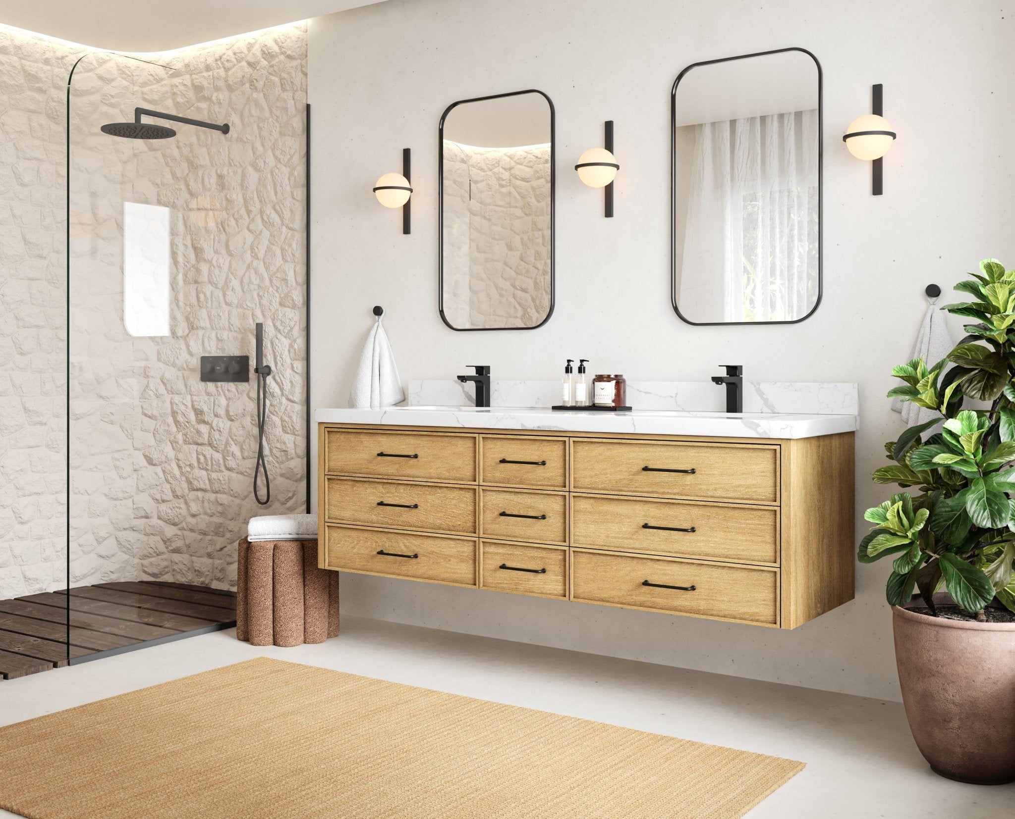 Charlotte 72 in. W x 22 in. D Floating Double Sink Bathroom Vanity in Natural Mindi Wood - Willow Bath and Vanity