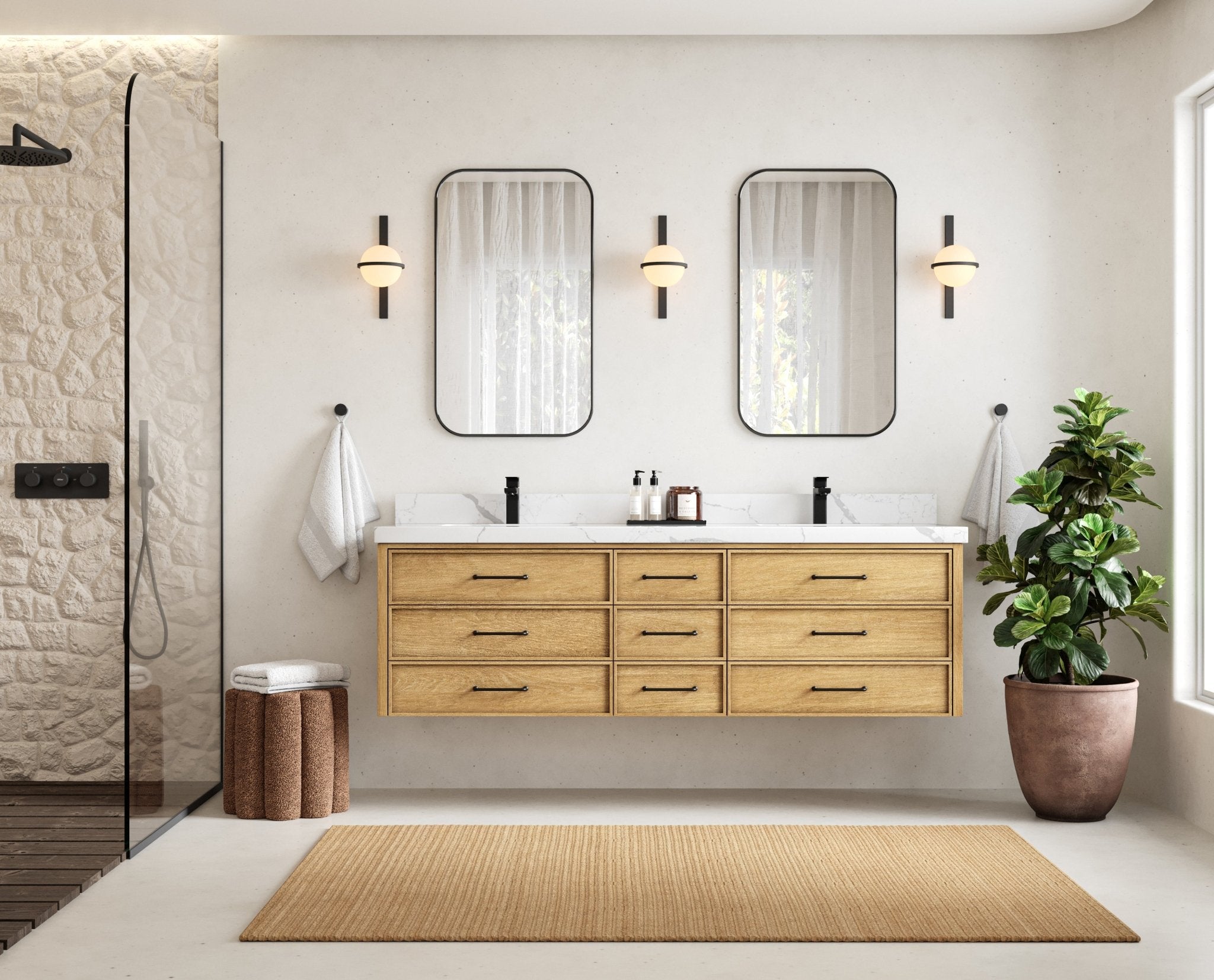 Charlotte 72 in. W x 22 in. D Floating Double Sink Bathroom Vanity in Natural Mindi Wood - Willow Bath and Vanity