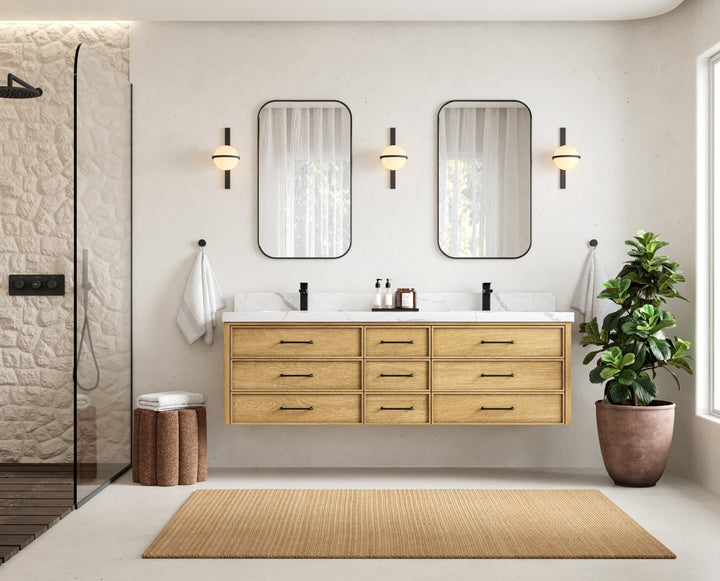 Charlotte 72 in. W x 22 in. D Floating Double Sink Bathroom Vanity in Natural Mindi Wood - photo 4