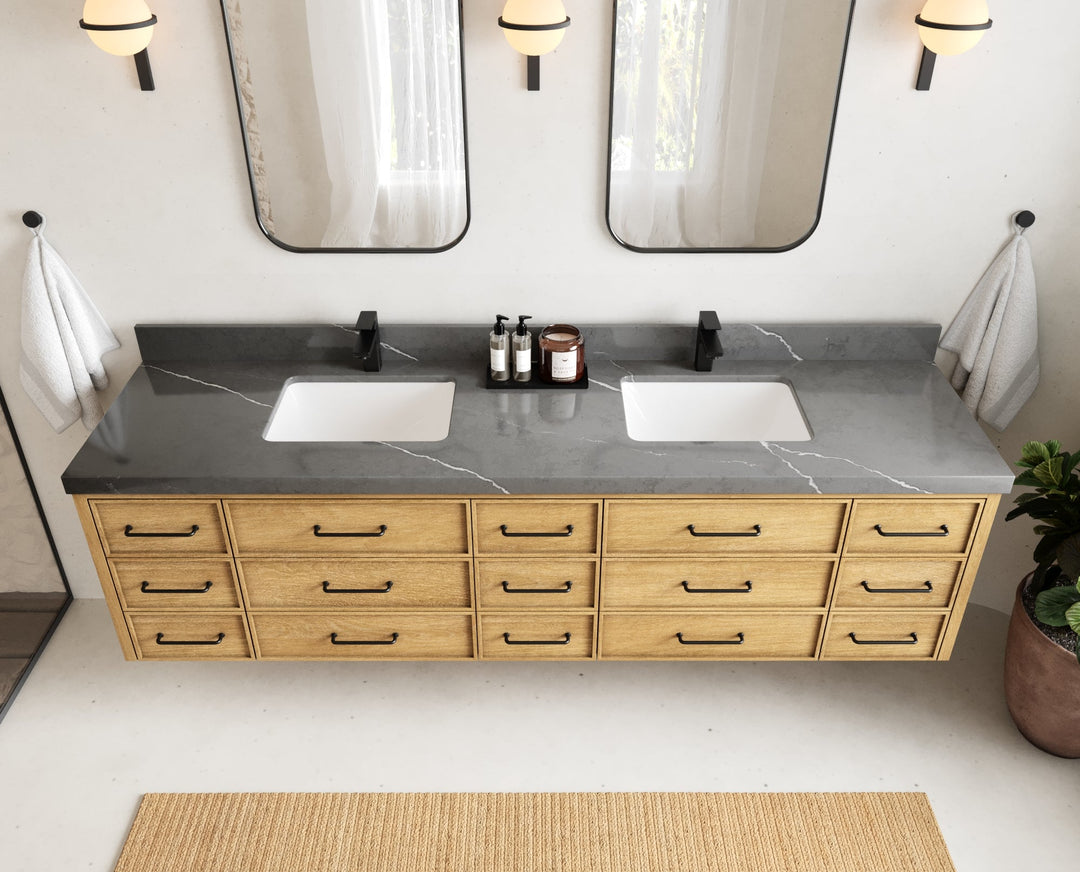 Charlotte 84 in. W x 22 in. D Floating Double Sink Bathroom Vanity in Natural Mindi Wood - Willow Bath and Vanity