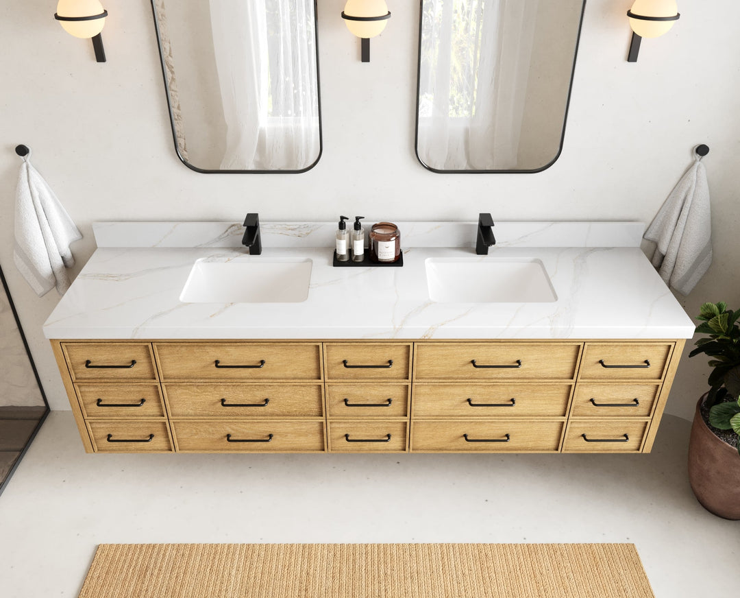 Charlotte 84 in. W x 22 in. D Floating Double Sink Bathroom Vanity in Natural Mindi Wood - Willow Bath and Vanity