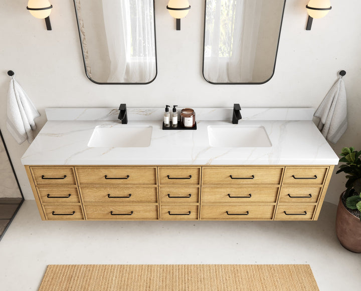 Charlotte 84 in. W x 22 in. D Floating Double Sink Bathroom Vanity in Natural Mindi Wood - photo 13