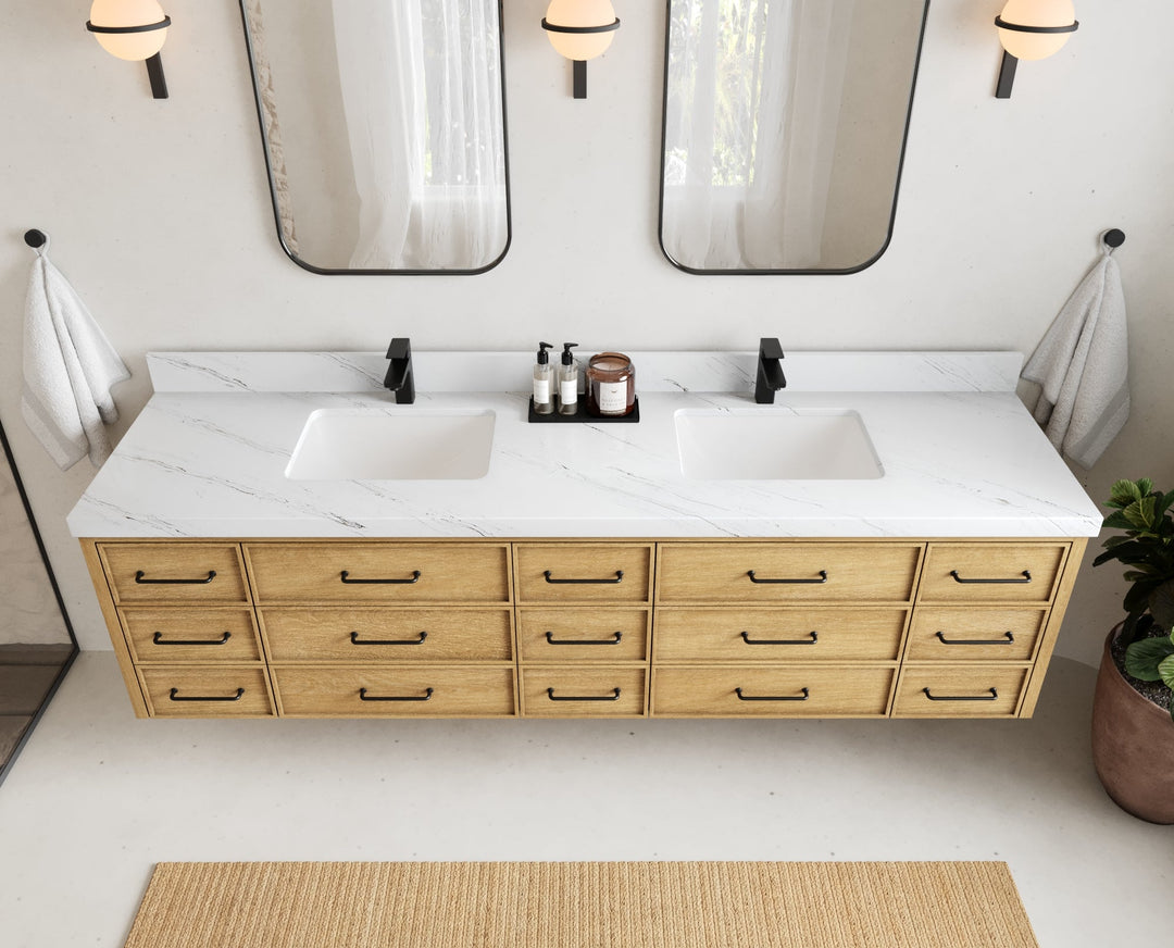 Charlotte 84 in. W x 22 in. D Floating Double Sink Bathroom Vanity in Natural Mindi Wood - Willow Bath and Vanity