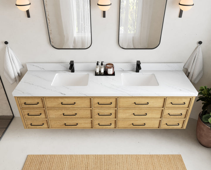 Charlotte 84 in. W x 22 in. D Floating Double Sink Bathroom Vanity in Natural Mindi Wood - photo 18