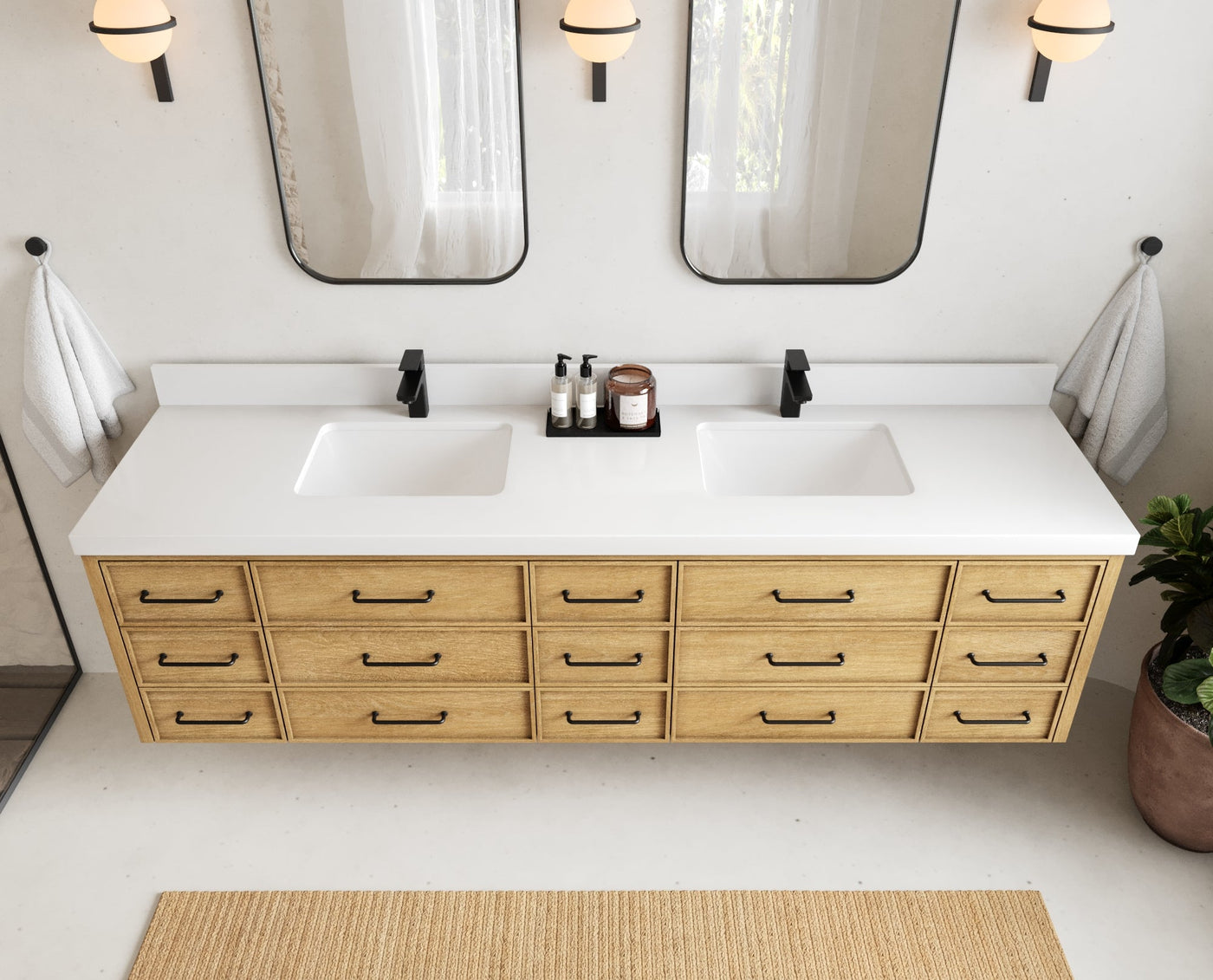 Charlotte Floating Mindi Wood 84 in. W x 22 in. D Double Sink Bathroom Vanity