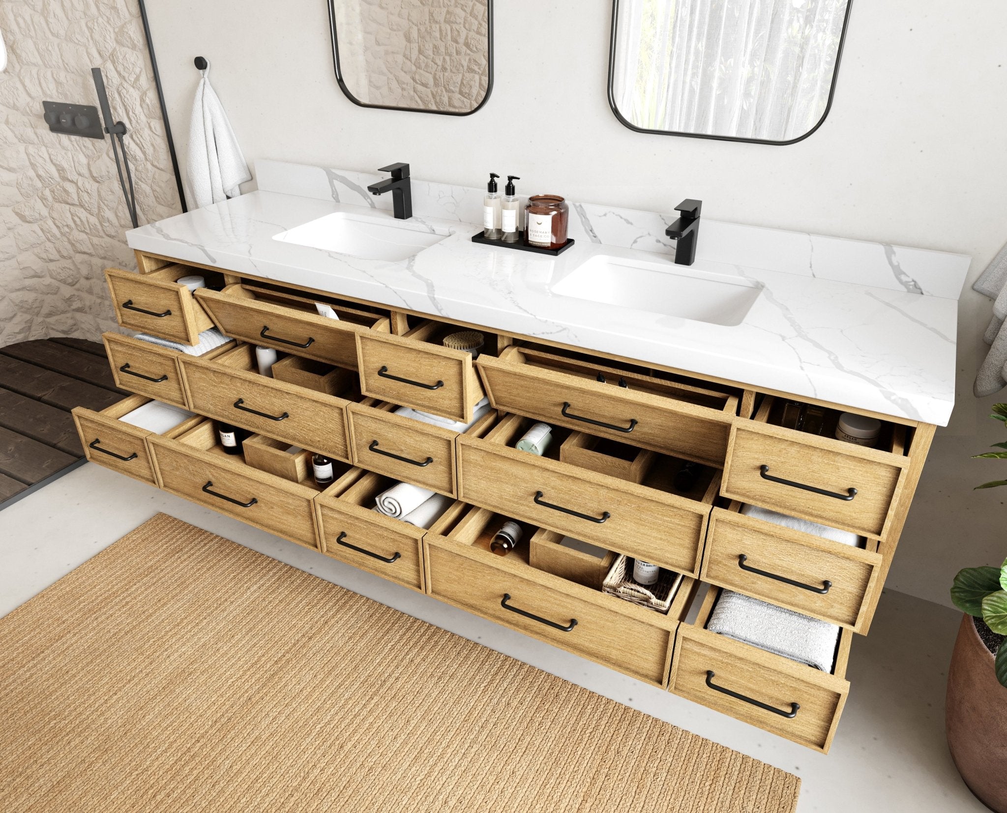 Charlotte 84 in. W x 22 in. D Floating Double Sink Bathroom Vanity in Natural Mindi Wood - Willow Bath and Vanity