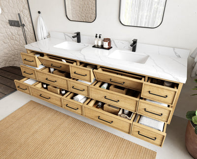 Charlotte 84 in. W x 22 in. D Floating Double Sink Bathroom Vanity in Natural Mindi Wood - Willow Bath and Vanity