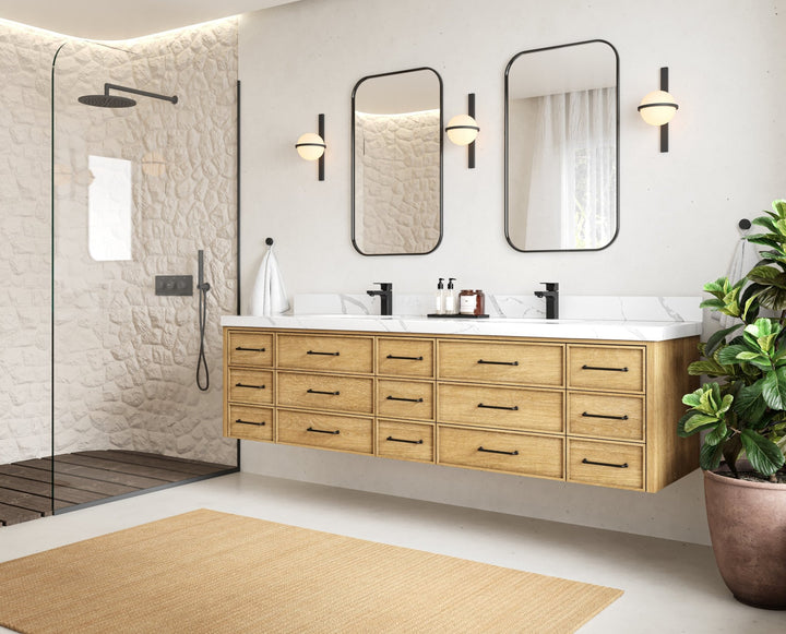 Charlotte 84 in. W x 22 in. D Floating Double Sink Bathroom Vanity in Natural Mindi Wood - photo 2