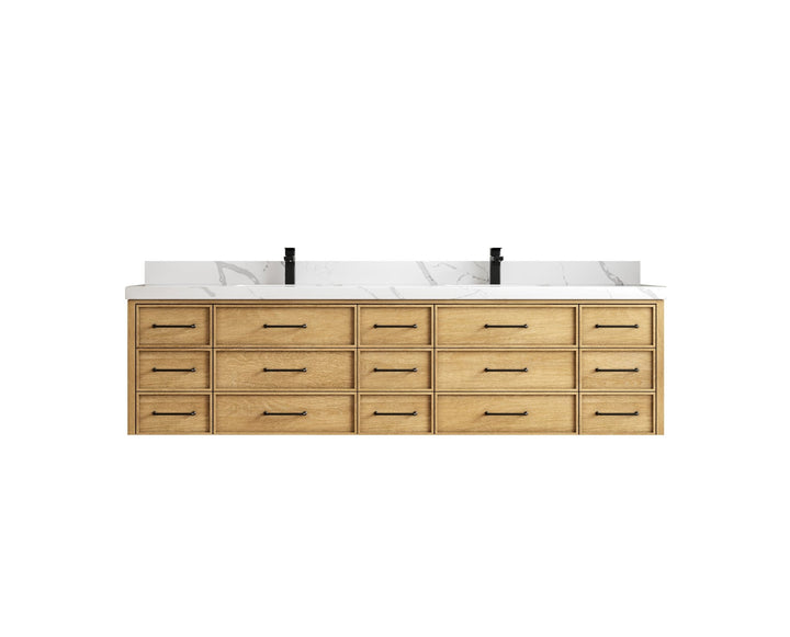Charlotte 84 in. W x 22 in. D Floating Double Sink Bathroom Vanity in Natural Mindi Wood - photo 1