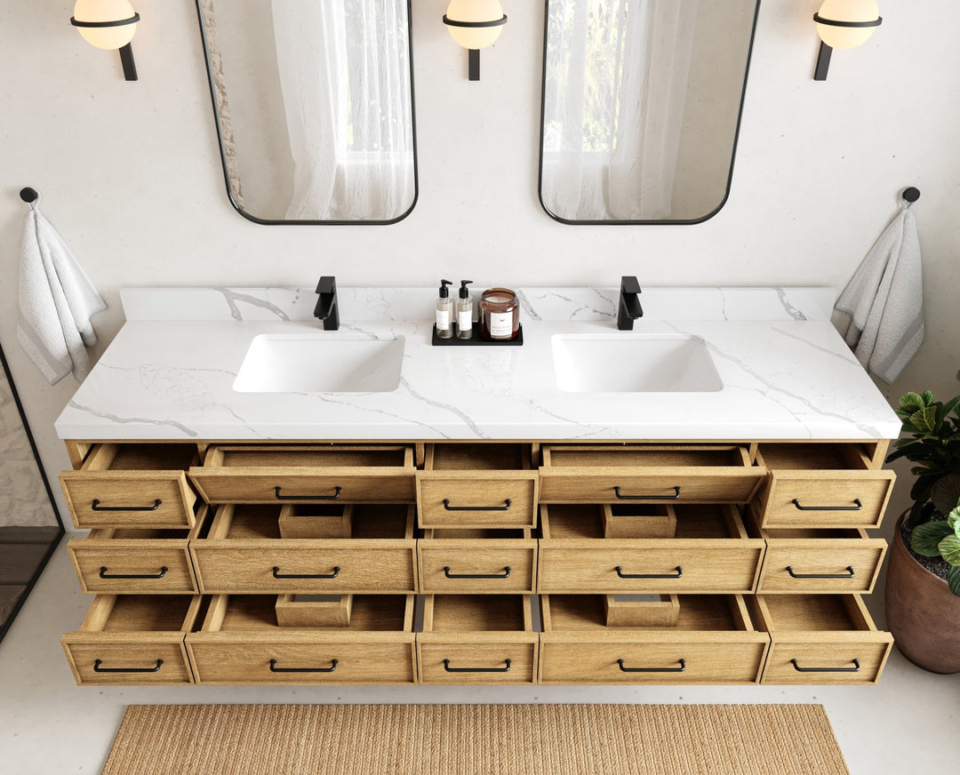 Charlotte 84 in. W x 22 in. D Floating Double Sink Bathroom Vanity in Natural Mindi Wood - Willow Bath and Vanity