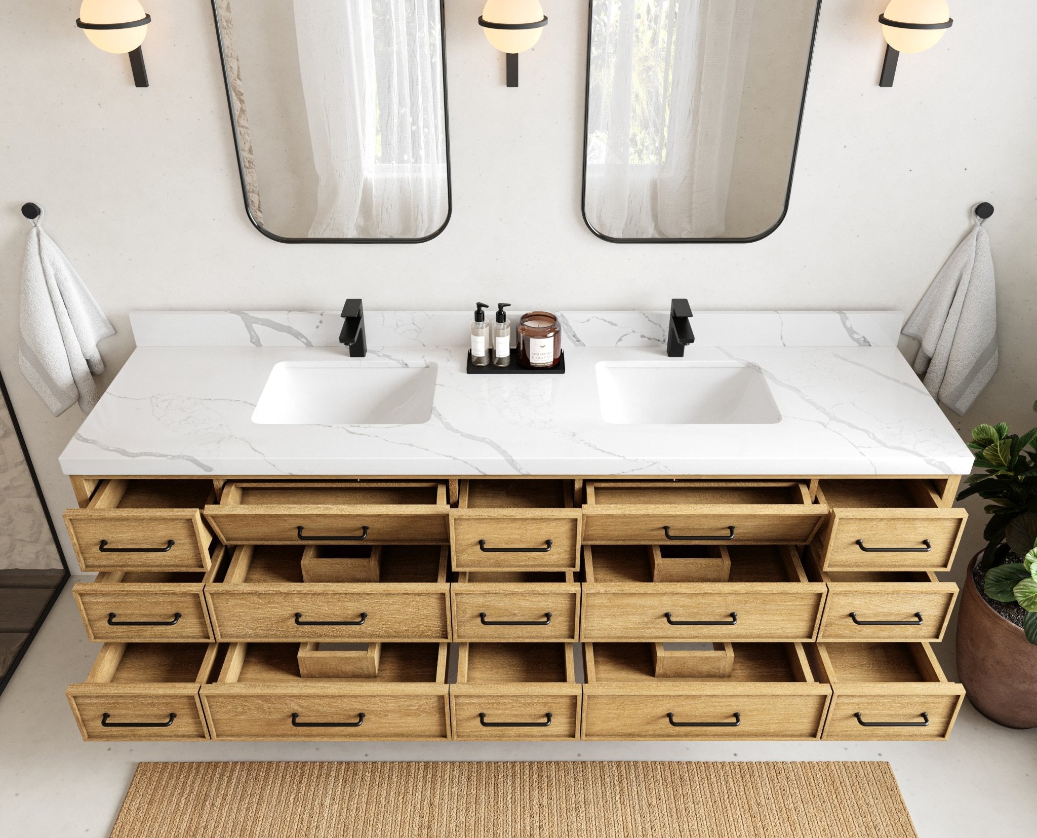 Charlotte 84 in. W x 22 in. D Floating Double Sink Bathroom Vanity in Natural Mindi Wood - Willow Bath and Vanity