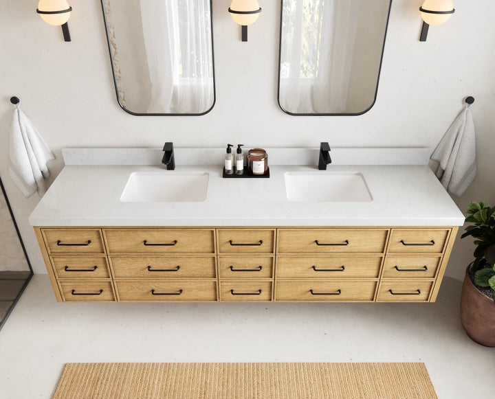 Charlotte 84 in. W x 22 in. D Floating Double Sink Bathroom Vanity in Natural Mindi Wood - photo 15