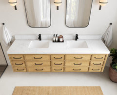 Charlotte 84 in. W x 22 in. D Floating Double Sink Bathroom Vanity in Natural Mindi Wood - photo 16