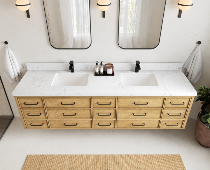 Charlotte 84 in. W x 22 in. D Floating Double Sink Bathroom Vanity in Natural Mindi Wood - photo 16