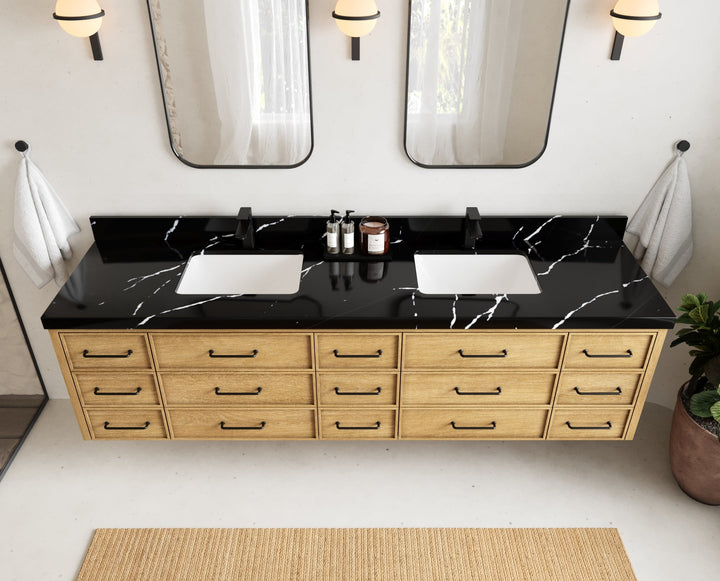 Charlotte 84 in. W x 22 in. D Floating Double Sink Bathroom Vanity in Natural Mindi Wood - photo 8