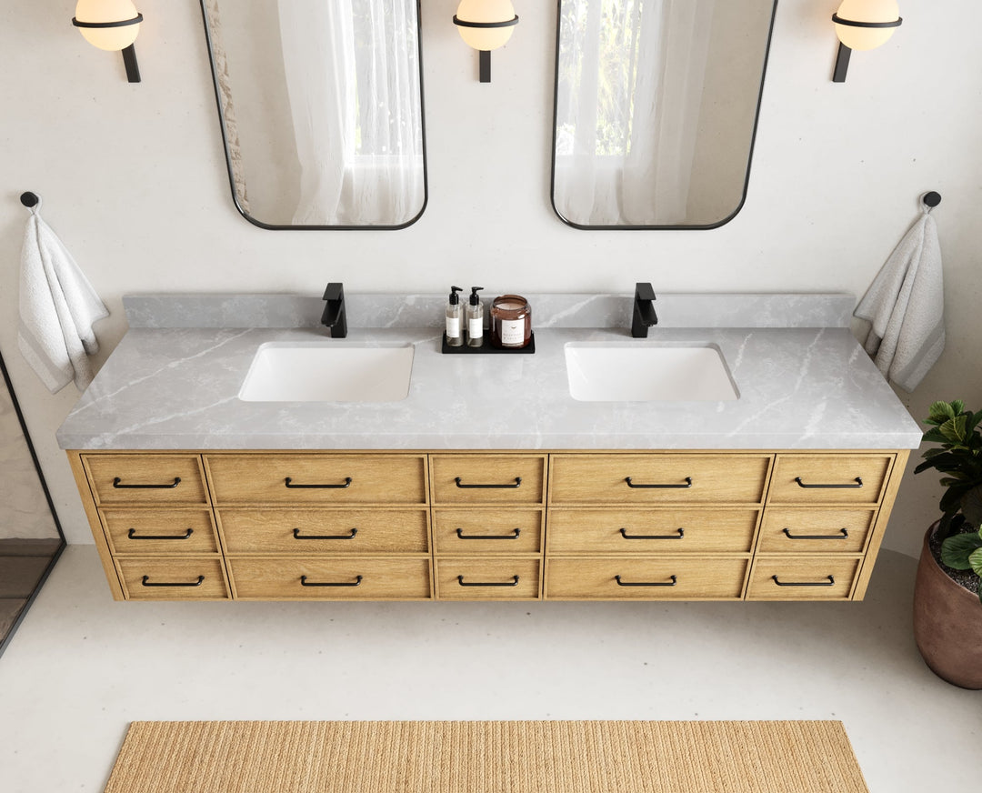 Charlotte 84 in. W x 22 in. D Floating Double Sink Bathroom Vanity in Natural Mindi Wood - Willow Bath and Vanity