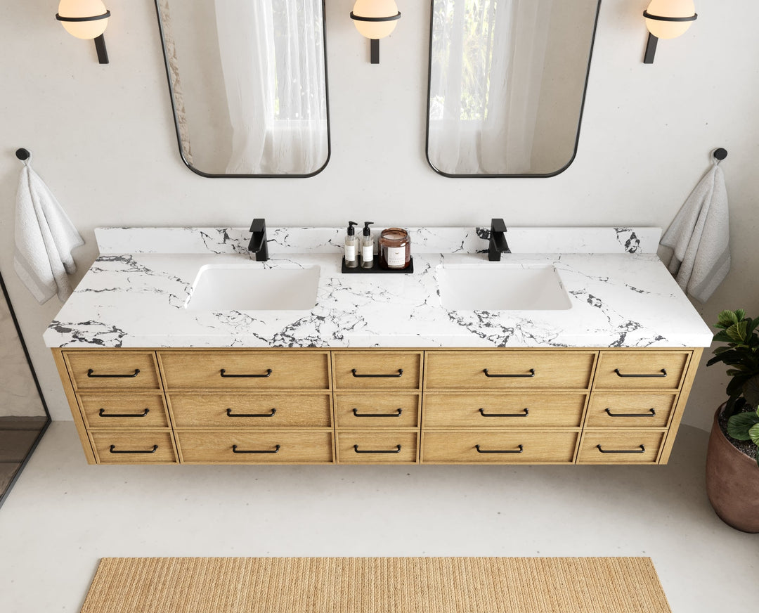 Charlotte 84 in. W x 22 in. D Floating Double Sink Bathroom Vanity in Natural Mindi Wood - Willow Bath and Vanity
