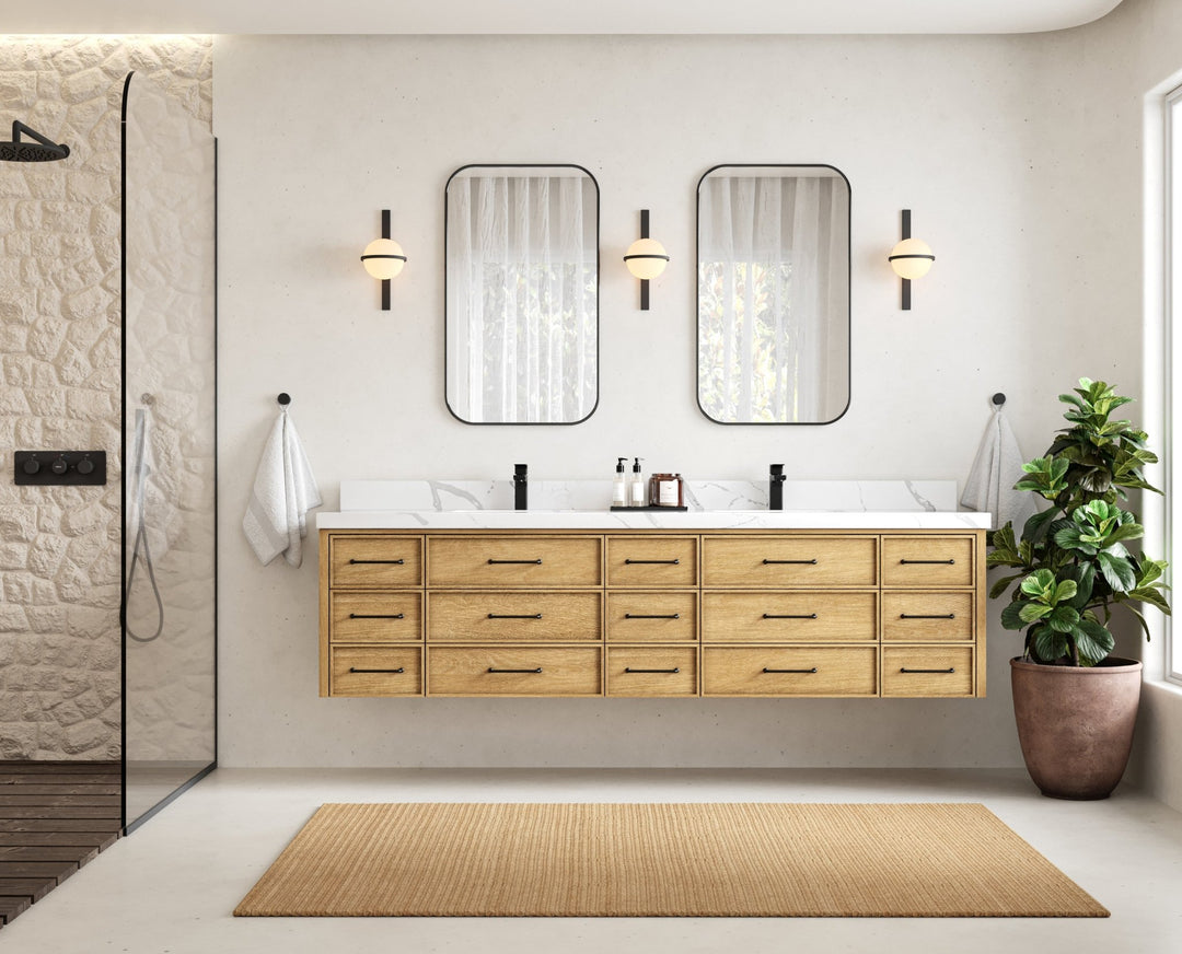 Charlotte 84 in. W x 22 in. D Floating Double Sink Bathroom Vanity in Natural Mindi Wood - Willow Bath and Vanity